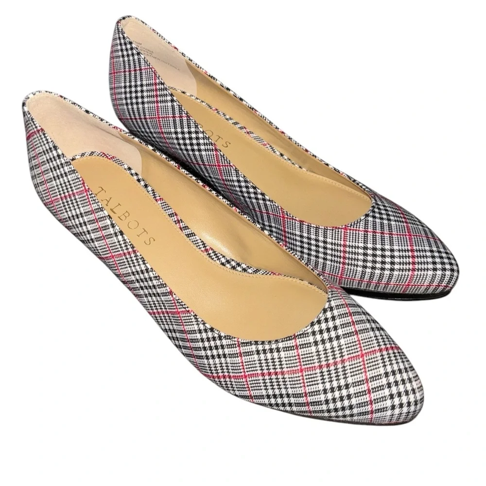 TALBOTS NWOB LACEY PLATFORM WEDGES - RED, BLACK & WHITE PLAID 7.5